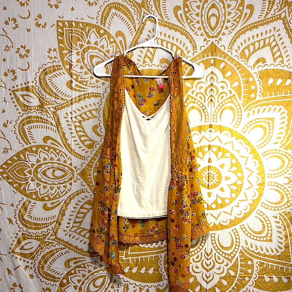 Flower coverup with an off white tank top underneath
